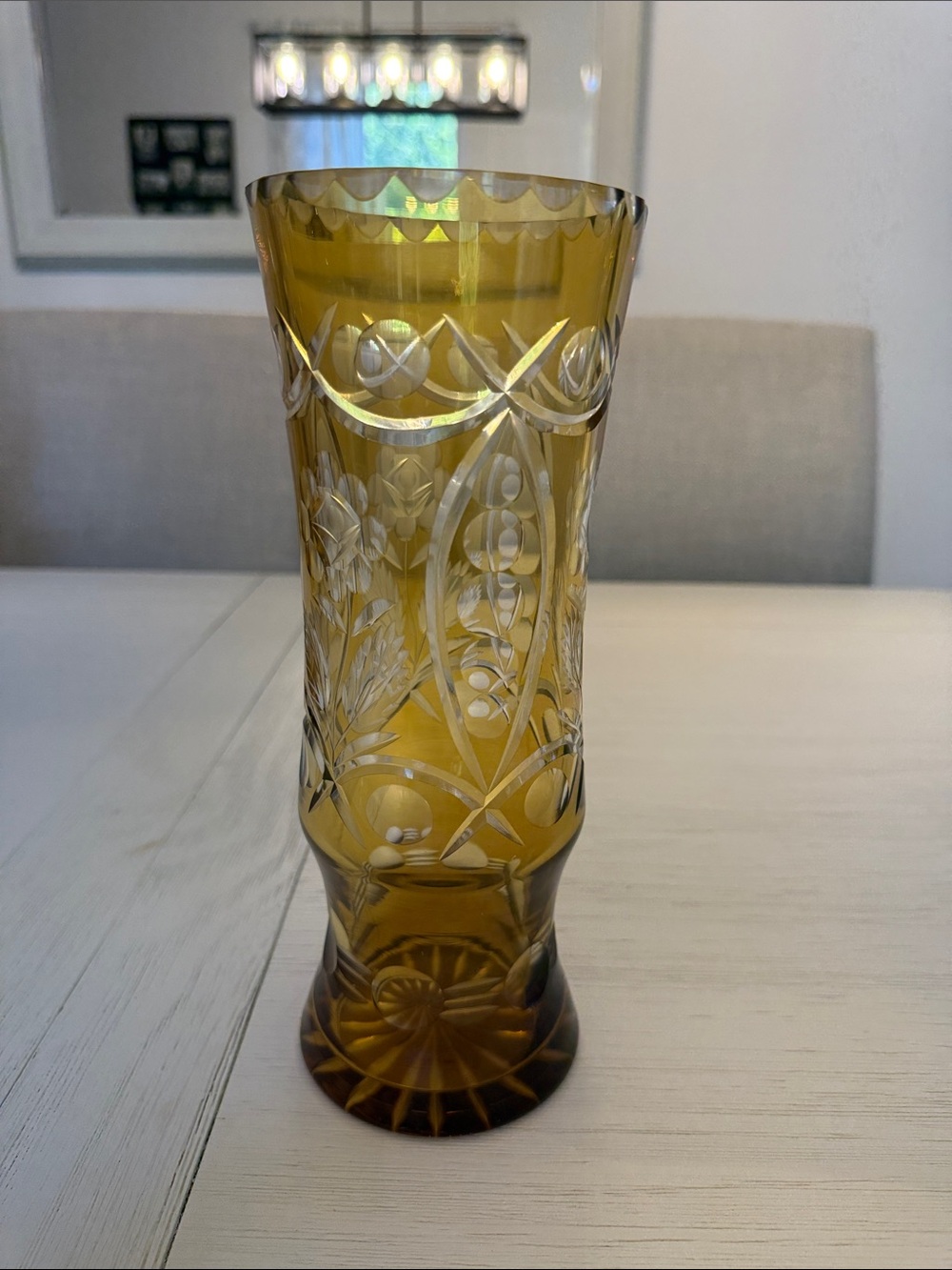 Bohemian crystal Amber Etched Floral Vase - Vintage Style